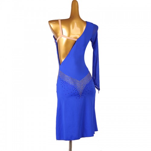 Royal blue competition latin dance dresses for women girls slant neck salsa rumba chacha samba stage performance costumes for female